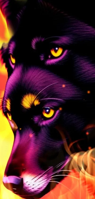 Luminous wolf heads with fiery flames background.