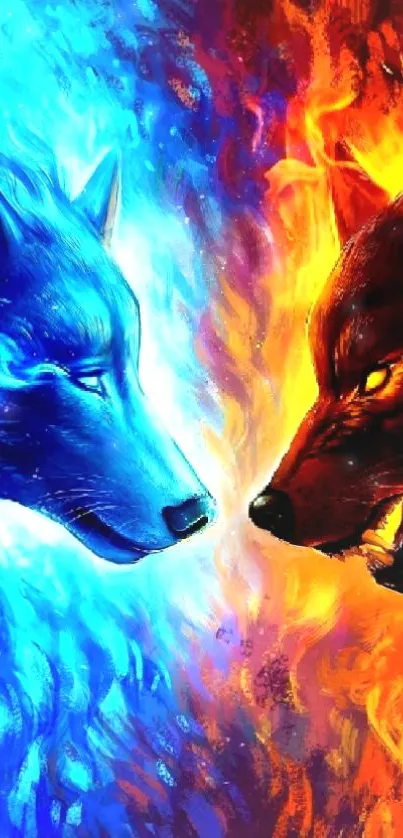 Fiery dual wolf wallpaper with blue and orange hues, perfect for phones.