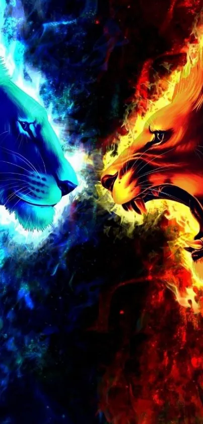 Fiery and icy lions in dramatic mobile wallpaper clash.