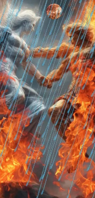 Angel and demon in fiery battle wallpaper.