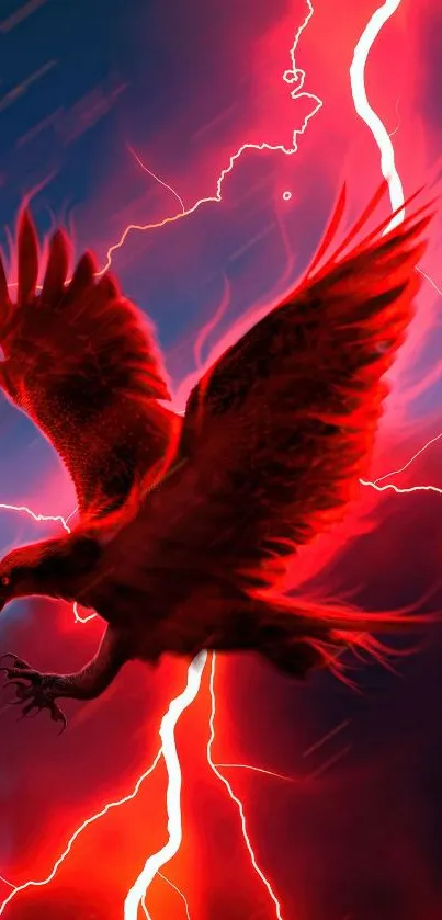 Fiery eagle soaring through lightning storm.