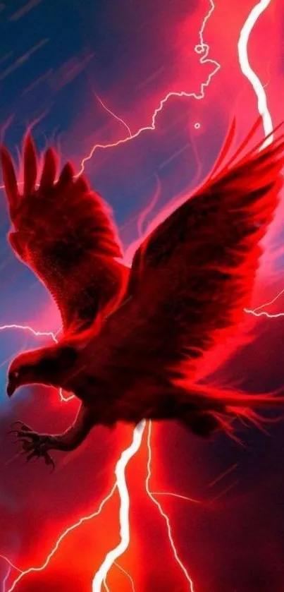 Fiery red eagle with lightning in storm.