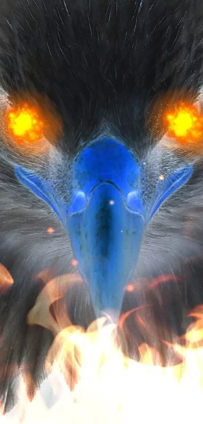 Fierce eagle with fiery orange eyes and blue beak on mobile wallpaper.