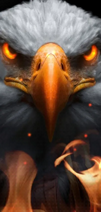 Fiery eagle with glowing eyes and flames in mobile wallpaper.