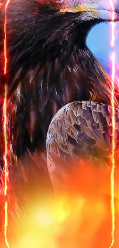 Fiery eagle amidst bright flames mobile wallpaper.