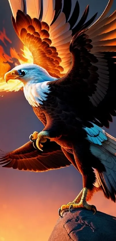 Eagle with fiery wings perched on a cliff, set against a gradient sky.