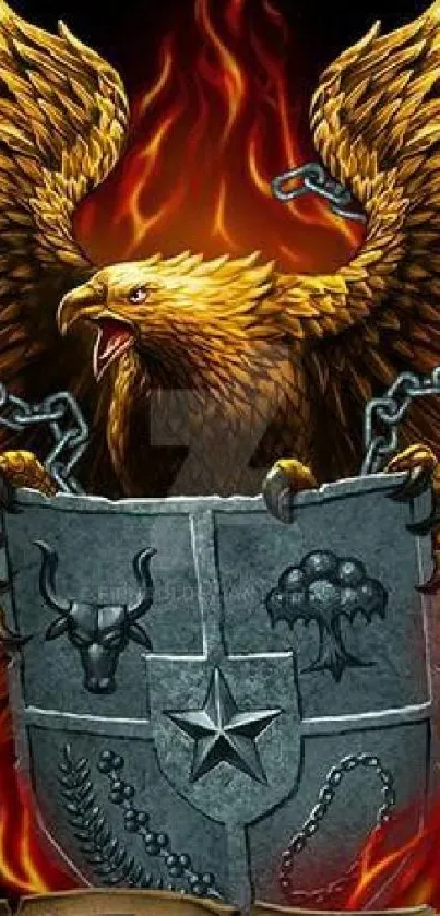 Fiery eagle perched on medieval shield with flaming background.