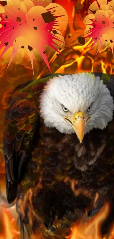 Fierce eagle in vibrant fiery background wallpaper.