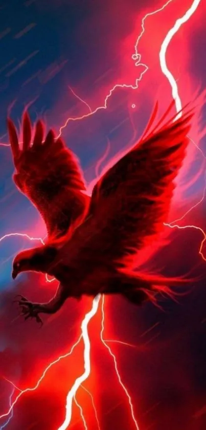 Red eagle soaring with lightning in vibrant stormy sky.