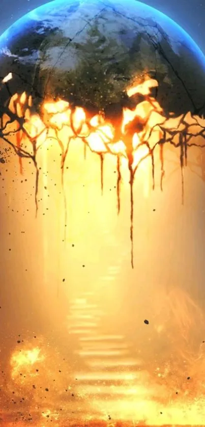 Abstract wallpaper of a melting fiery earth with dramatic flames.