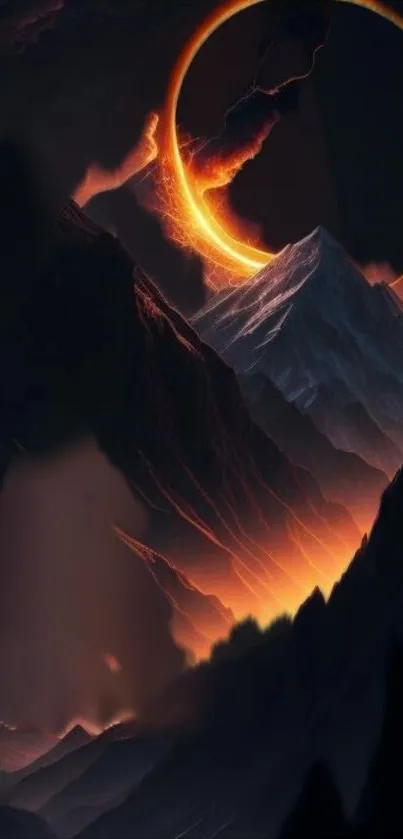 Fiery eclipse over dark mountain peaks.
