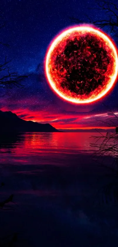 A fiery solar eclipse over a tranquil lake at night.