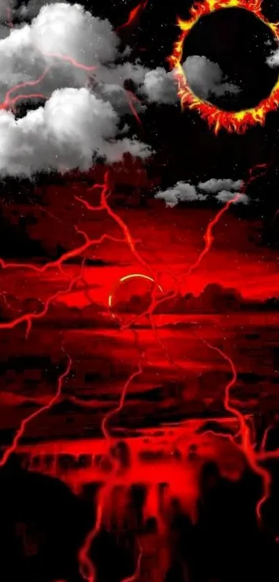 Eclipse with fiery red lightning and dark clouds wallpaper.