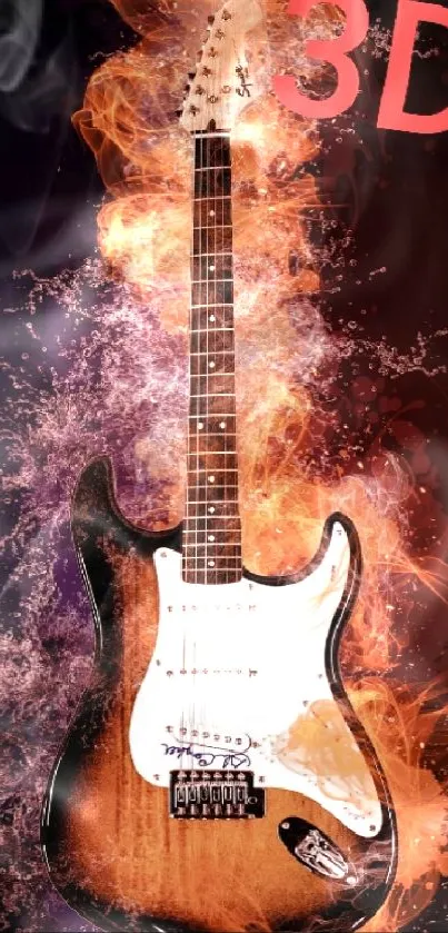 Fiery electric guitar in 3D with vibrant flames.