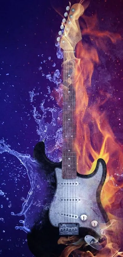 Fiery electric guitar with vibrant flames.