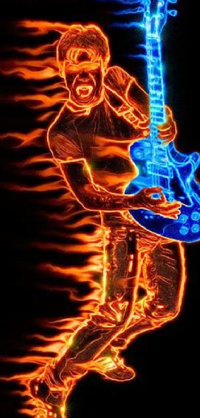 Fiery electric guitar with vibrant neon design on a black background.