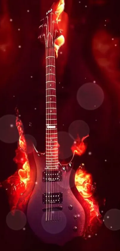 Fiery electric guitar with flames background.