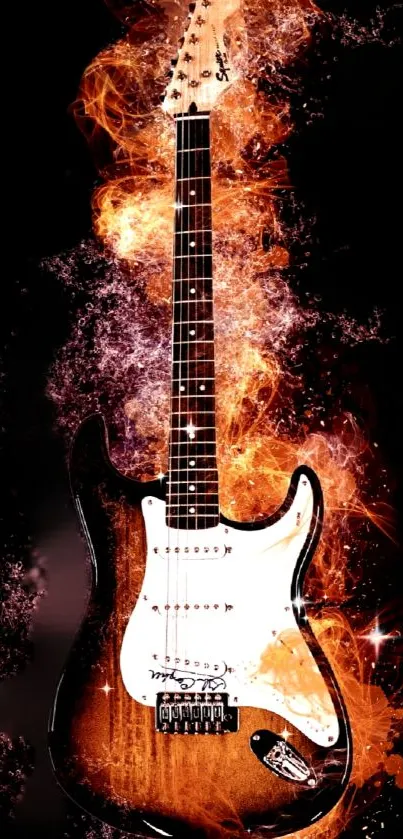 Fiery electric guitar art with vibrant flames and dark background.