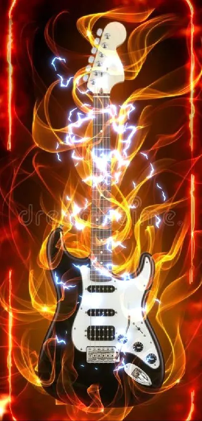 Electric guitar surrounded by dynamic orange flames on black background.