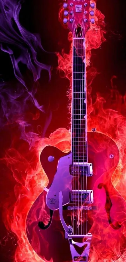 Fiery red electric guitar with vibrant flames engulfing it.