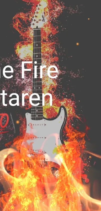 Fiery electric guitar with vibrant flames background.