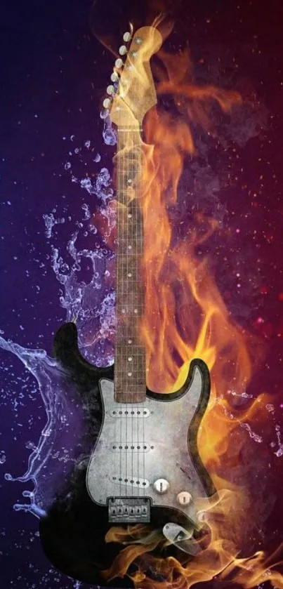 Electric guitar with vibrant fire and water effects in artistic mobile wallpaper.