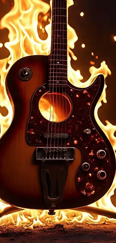 Electric guitar engulfed in vibrant flames.