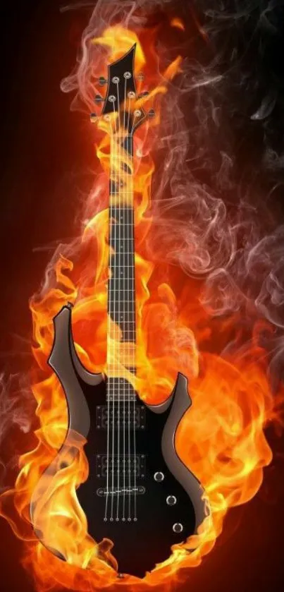 Electric guitar in vibrant flames on dark background