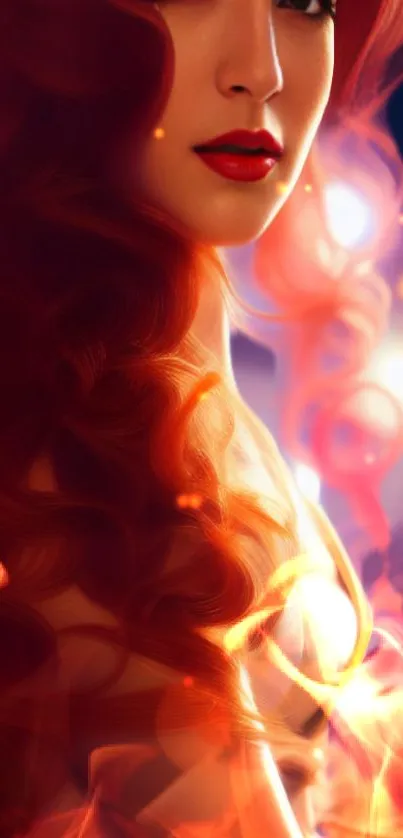 Fiery elegant mobile wallpaper with vibrant red hues and flowing hair.