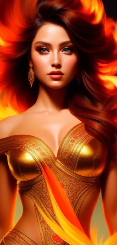 Stunning woman in fiery orange and gold attire, exuding elegance and charisma.