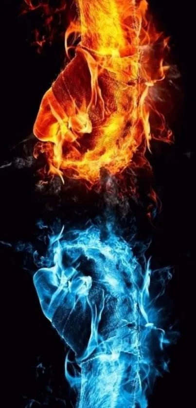 Mobile wallpaper of fire and ice fists clashing on a dark background.