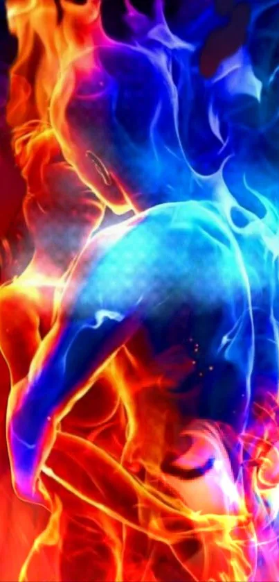 Blazing figures in fiery blue and orange embrace, creating dynamic phone wallpaper.