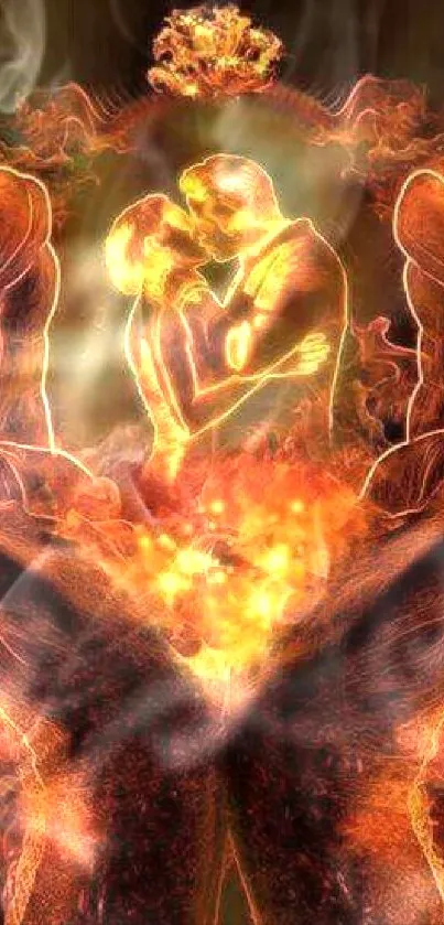 Fiery couple embraced in glowing hands.