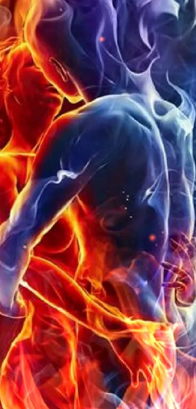 Fiery couple embracing with blue and red flames in a vibrant phone wallpaper.