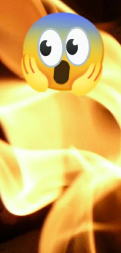 Fiery wallpaper with a shocked emoji against a backdrop of orange flames.