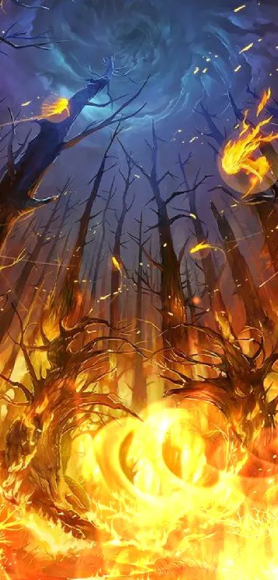 Vibrant enchanted forest with fiery flames in a mystical scene.