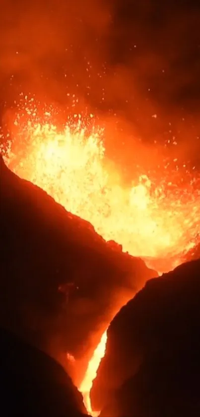 Fiery lava erupts with bright orange glow against dark night sky.