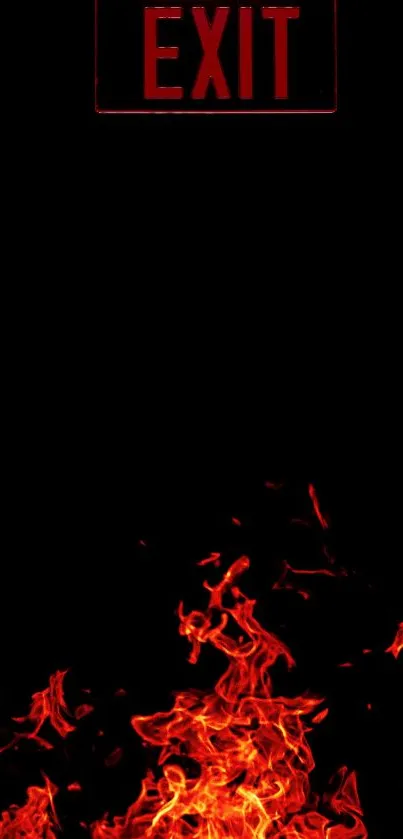 Dark wallpaper with red exit sign and vivid flames at the bottom.