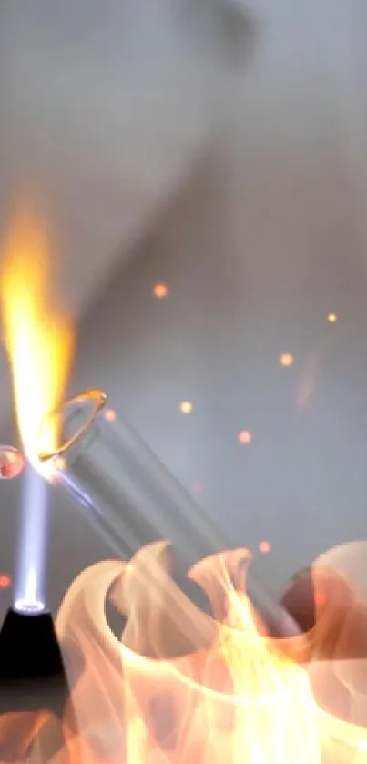 Fiery lab experiment with test tube and flames