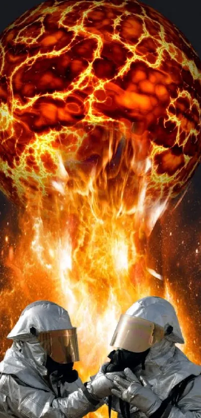 Fiery explosion with two people in protective suits.