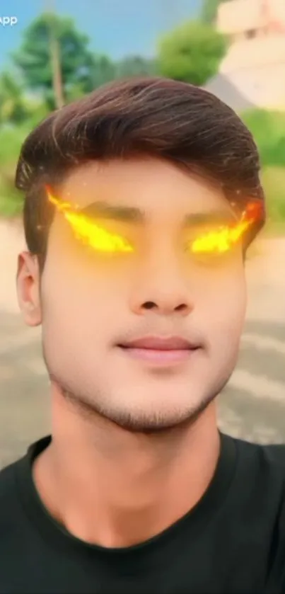 Portrait with fiery eye effects under a clear sky.