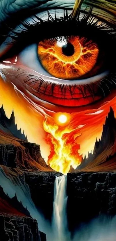 Fiery eye overlooking a mystical landscape with volcanic elements.