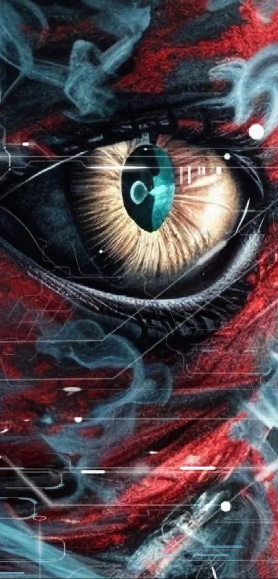 Vibrant eye with fiery smoke design, perfect for phone wallpaper.