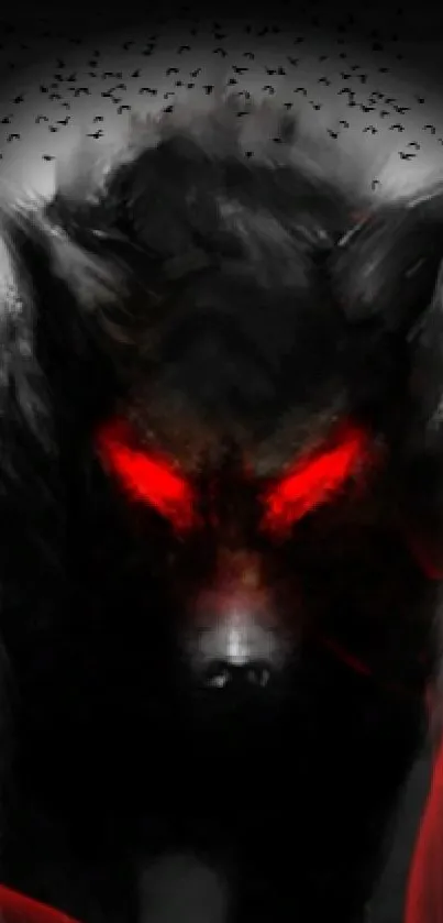 Dark wolf with fiery red eyes and smoke art design, black background.