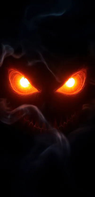 Black background with fiery glowing eyes emerging from smoke.