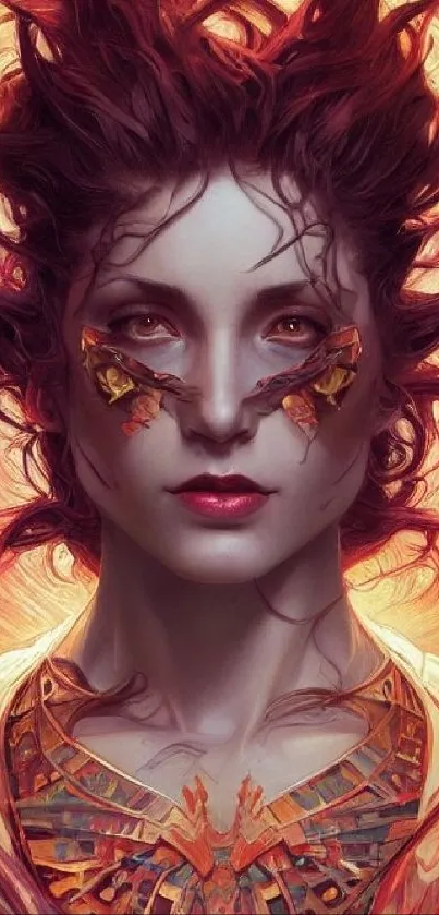 Fiery fantasy art portrait of woman with intricate mask and flowing hair.