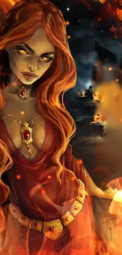 Mystical woman in fiery fantasy art, vivid and enchanting.