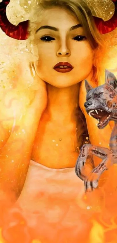 Fantasy art wallpaper with fiery tones featuring a woman and mystical creature.