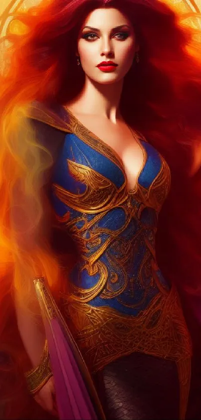 Vibrant fiery fantasy art with mythical character portrait.