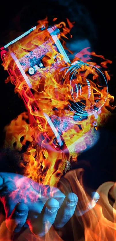 A camera engulfed in vibrant flames with a dark background.